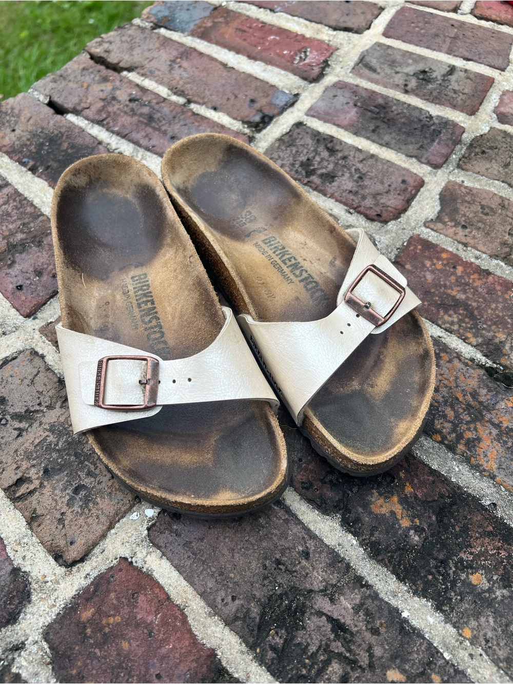 Birkenstock Madrid Single Strap Sandal in Pearl White with Copper Buckle